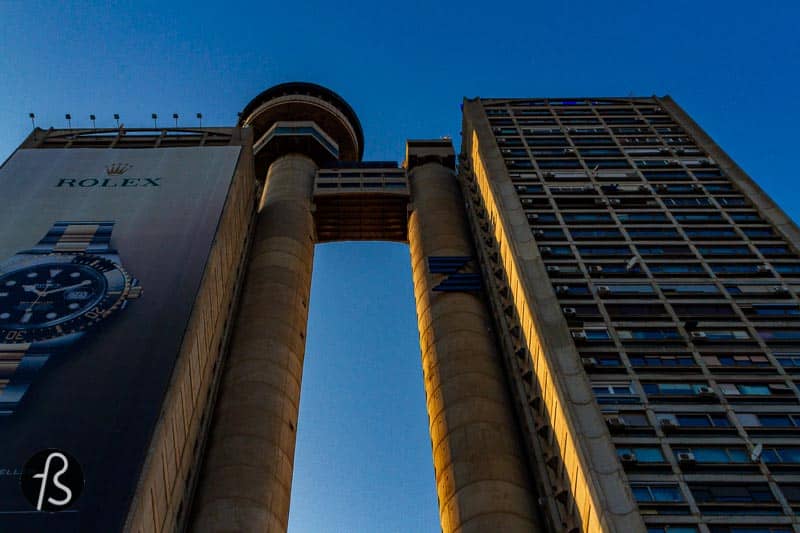 The Western City Gate in Belgrade consists of two towers: the residential one is 30 floors, and the business has 26 floors. The bridge that you can see in the pictures here connects them to the 26th floor, but we don't know why or how it was used. On top of it all, a revolving restaurant that never properly worked, which sounds like a waste of a great location!