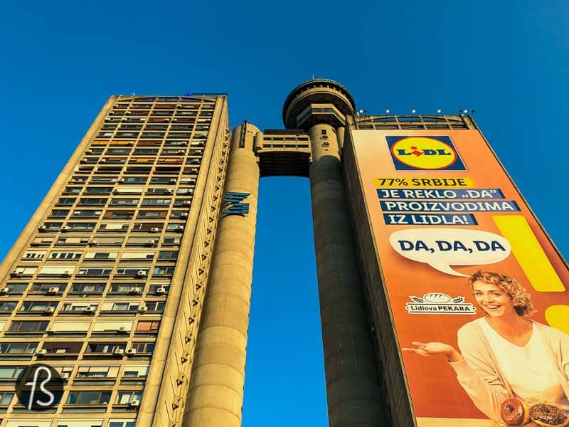 The Western City Gate in Belgrade consists of two towers: the residential one is 30 floors, and the business has 26 floors. The bridge that you can see in the pictures here connects them to the 26th floor, but we don't know why or how it was used. On top of it all, a revolving restaurant that never properly worked, which sounds like a waste of a great location!