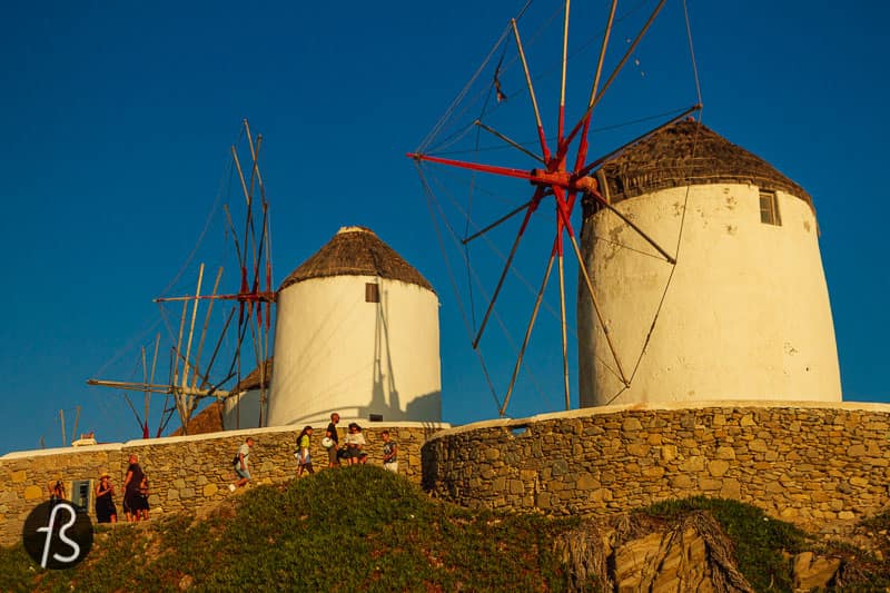 There are 16 windmills still standing in Mykonos, and seven of them can be found in the area called Kato Mili, southeast of Chora, next to the sea. They stand in a row and are a landmark of the island and a hot spot for pictures, with dozens trying to take the best shots while there.