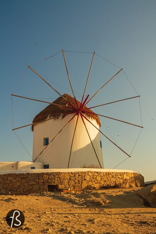 There are 16 windmills still standing in Mykonos, and seven of them can be found in the area called Kato Mili, southeast of Chora, next to the sea. They stand in a row and are a landmark of the island and a hot spot for pictures, with dozens trying to take the best shots while there.