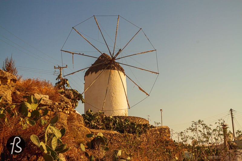 The traditional way of building the windmills of Mykonos is simple. They were all spherical shaped, made of stones sourced locally and a pointed roof at the top made of wood. Today, they are all painted white which blends quite well with the other buildings spread around the island and looks gorgeous in contrast to the blue from the Aegean sea.